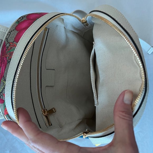 Gucci Ophidia Flora Beige White Leather Canvas Backpack Shoulder Bag Italy NEW